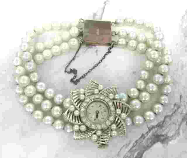 Vintage Paul Buhre 14K White Gold Flower Watch w 3-Strand Pearl Bracelet