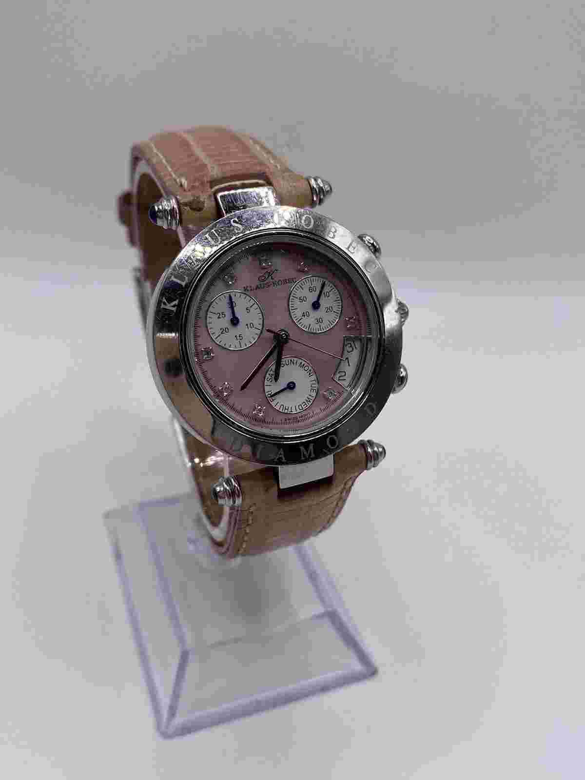 Klaus Kobec Ladies Pink Diamond Dial Face Chrono Leather Band Watch New Batt