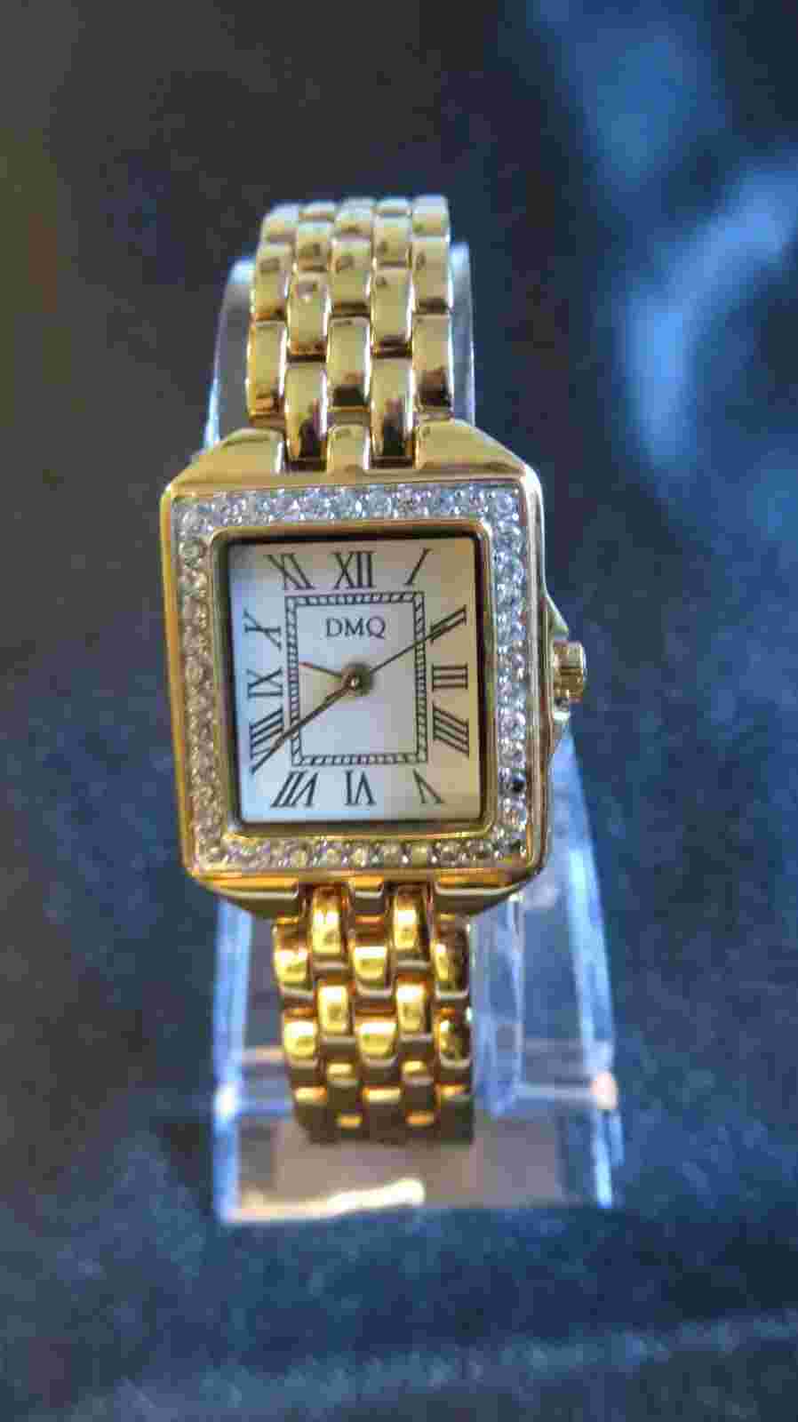 DMQ Women's Watch Gold Tone With Stones MOP Dial Elegant New Battery