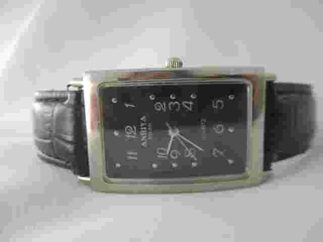 Anriya Milan Wristwatch Black Leather Buckle Band Silver Tone Rectangular Face