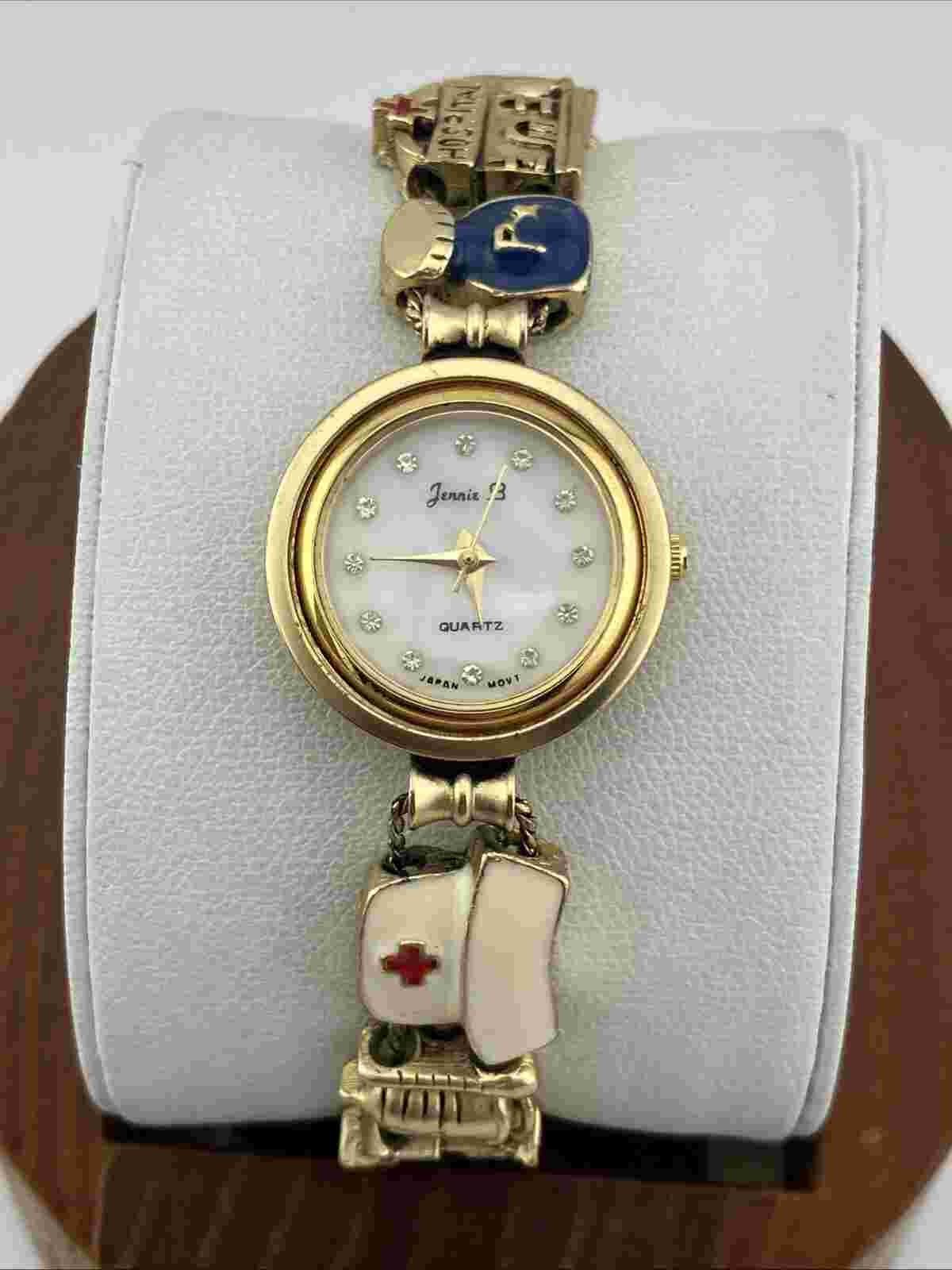 Vtg Jennie B Ladies 24mm Watch Gold Tone Nurse Hospital Band Round 6.5" - RUNS