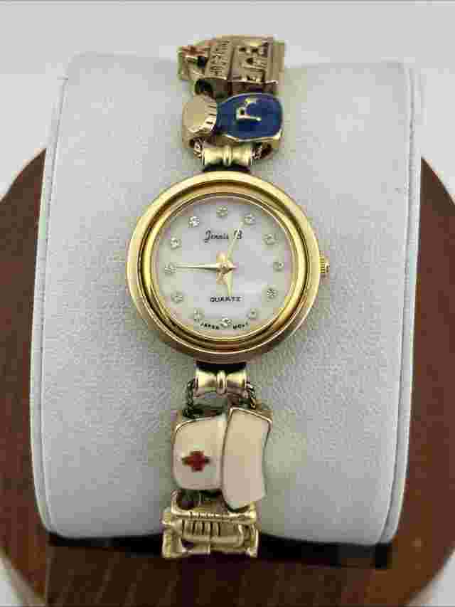 Vtg Jennie B Ladies 24mm Watch Gold Tone Nurse Hospital Band Round 6.5" - RUNS