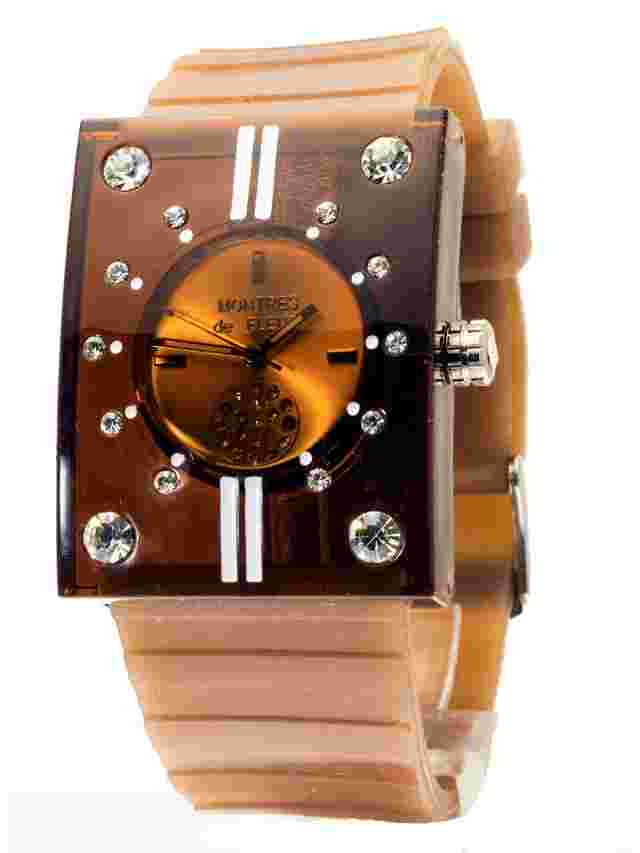 MONTRES de FLEUR:WOMEN'S SILICON RUBBER BAND RECTANGLE CASE ANALOG WATCH