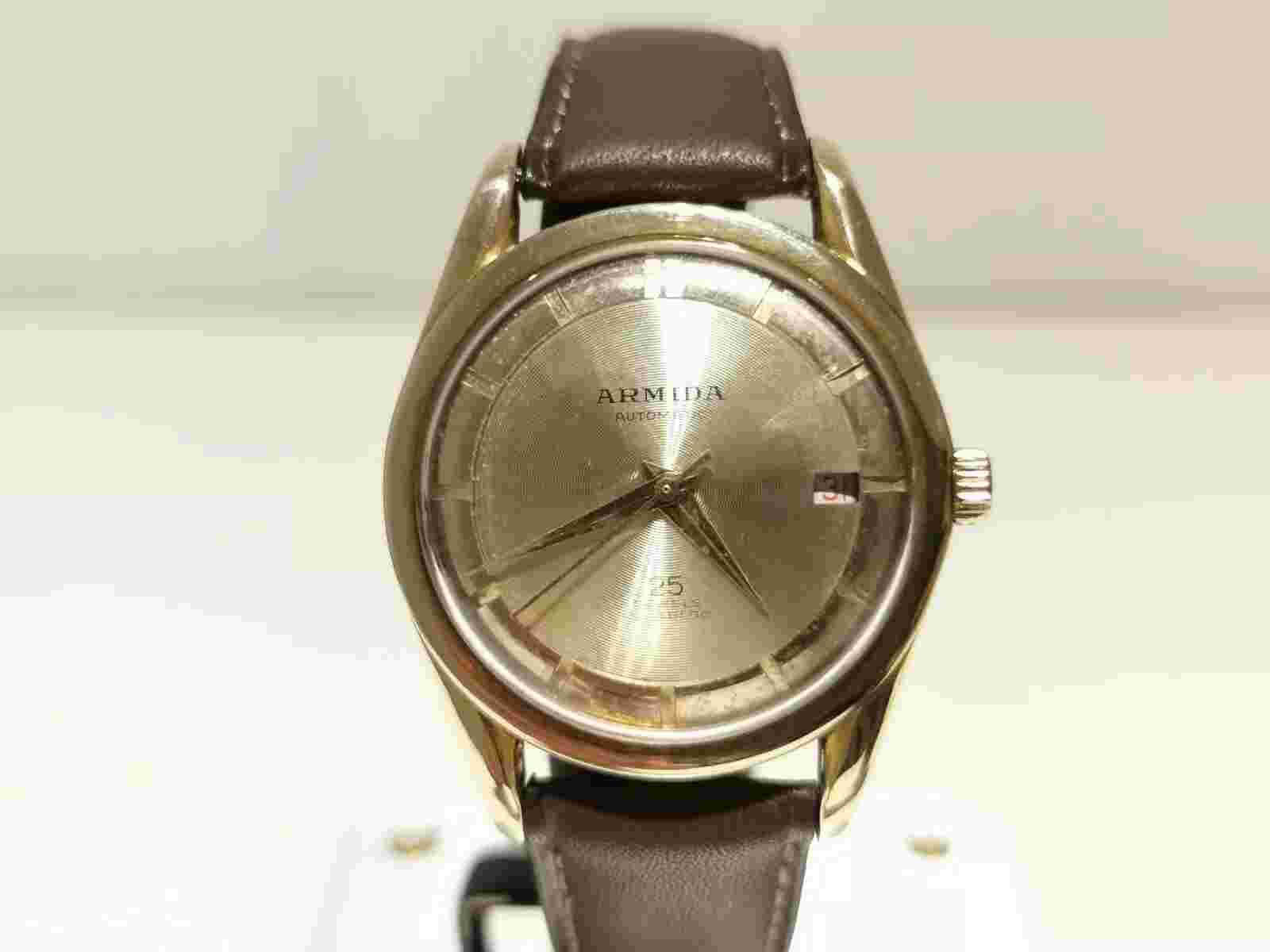 VINTAGE RARE NICE SWISS CLASSIC BRASS CASE MEN'S AUTOMATIC WATCH "ARMIDA" 25J.