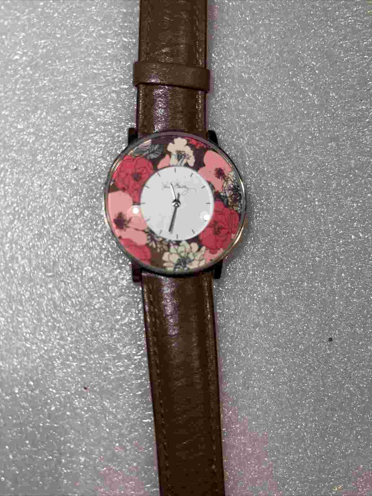 Vera Bradley Watch Women Silver Tone Brown  Band Floral Dial Needs Battery