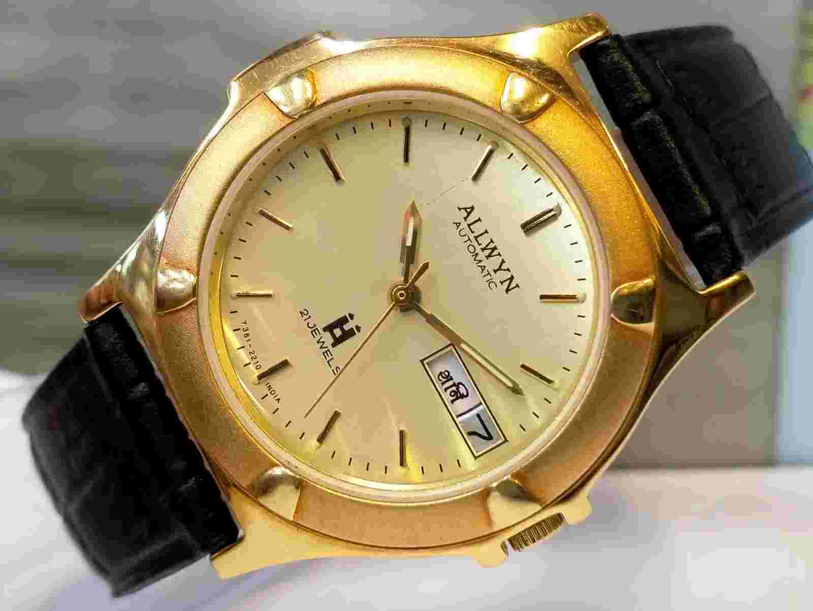 ORIGINAL ALLWYN AUTOMATIC NOS 21J GOLD DIAL Y381-8460 INDIA MEN'S FULL WORKING