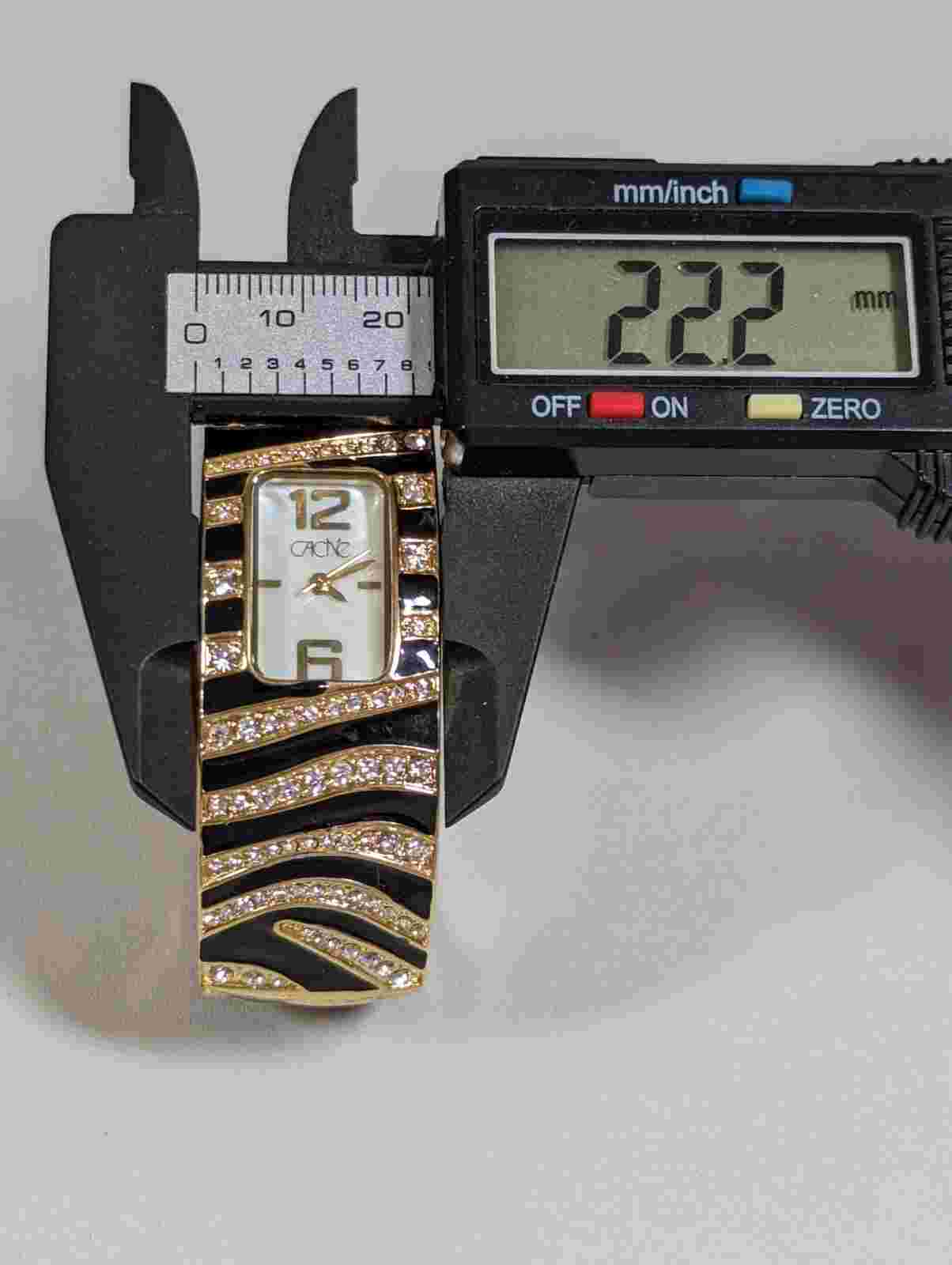 Cache Pearlized Dial Crystal Accent Black Enamel Inlay Hinge Bracelet Band Watch
