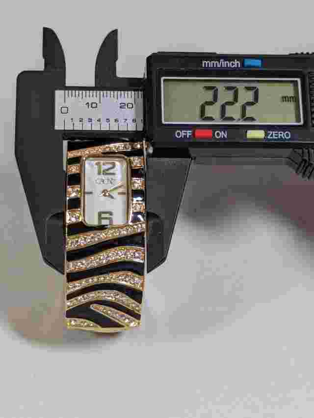 Cache Pearlized Dial Crystal Accent Black Enamel Inlay Hinge Bracelet Band Watch