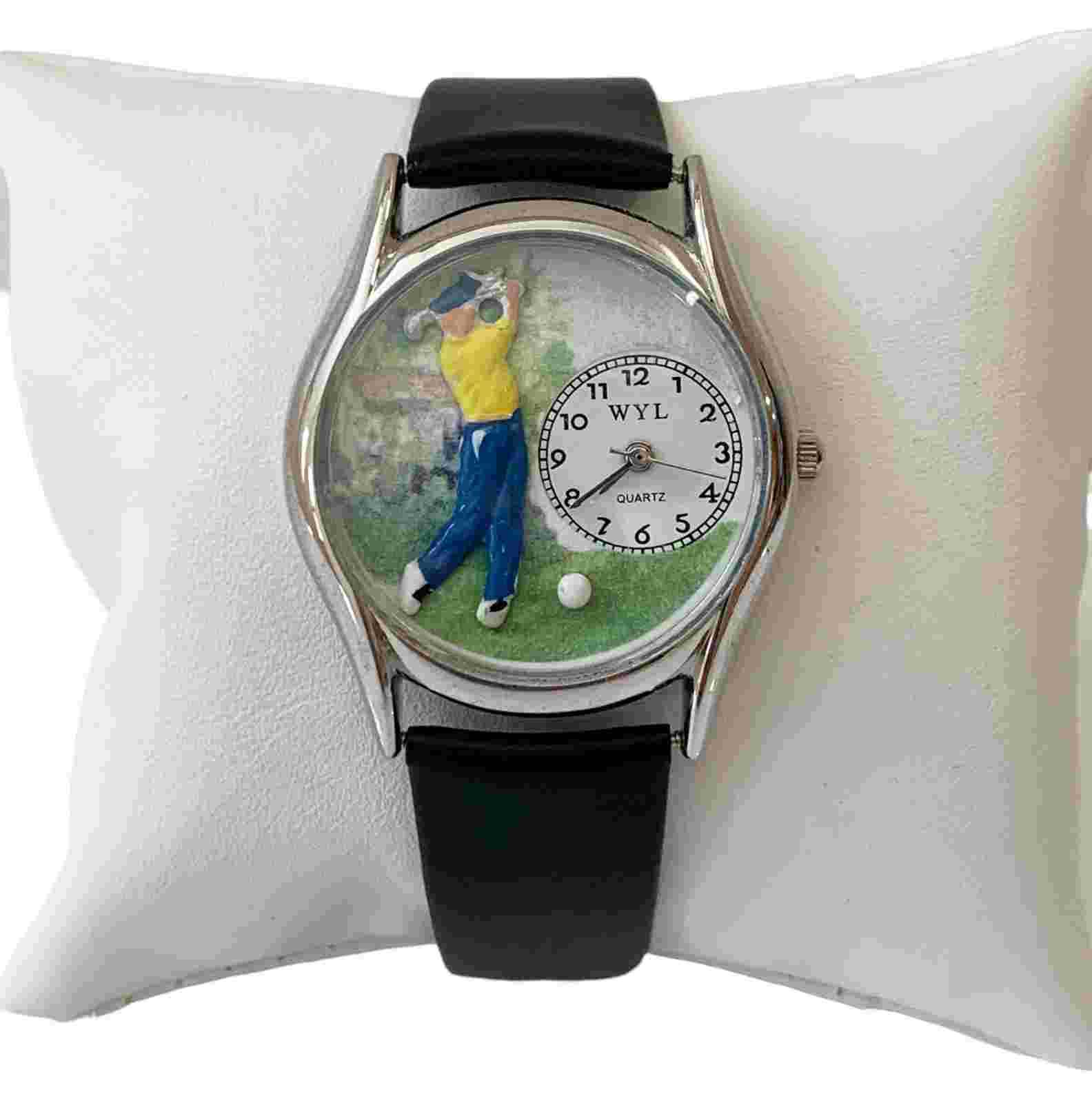 Vintage Whimsical Watches Male Golfer Theme Silver Finish Watch w/New Battery