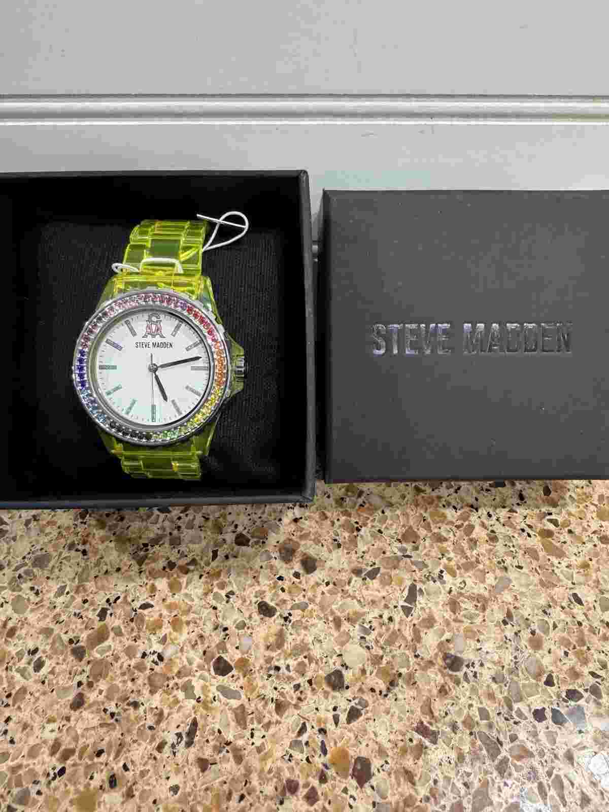 Steve Madden Transparent Yellow Rainbow Crystal Bracelet Analog Watch, 40mm