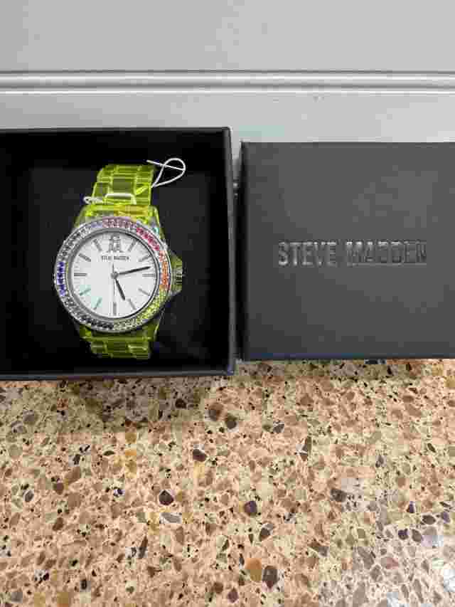 Steve Madden Transparent Yellow Rainbow Crystal Bracelet Analog Watch, 40mm