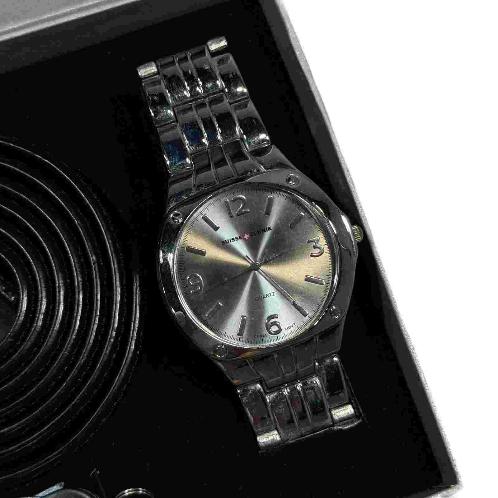Suisse Technik Silver Watch Bundle Box Pocket Knife Lighter Belt Timepiece Set