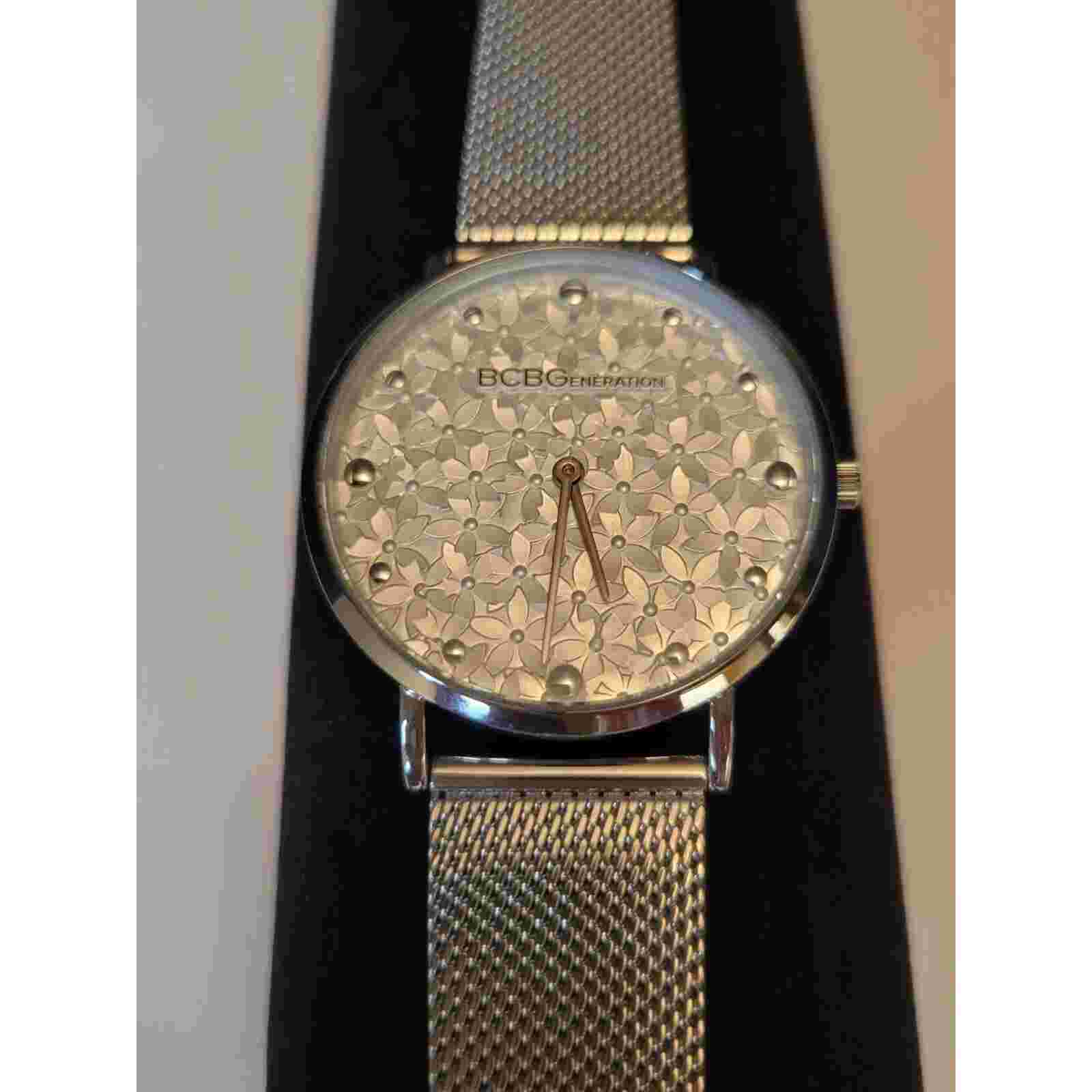 BCBGGeneration Wristwatch Women's Silver Stainless Steel Mesh Band Floral Face