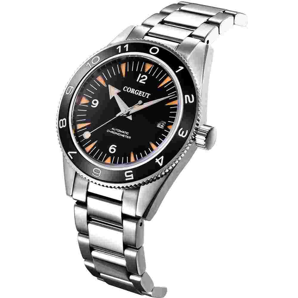 41mm Corgeut Automatic mens watch black ceramic bezel sapphire glass Steel band
