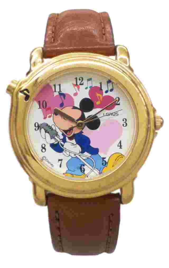 Lorus Musical Disney Mickey Mouse Watch With Gold Color Case& Brown Leather Band