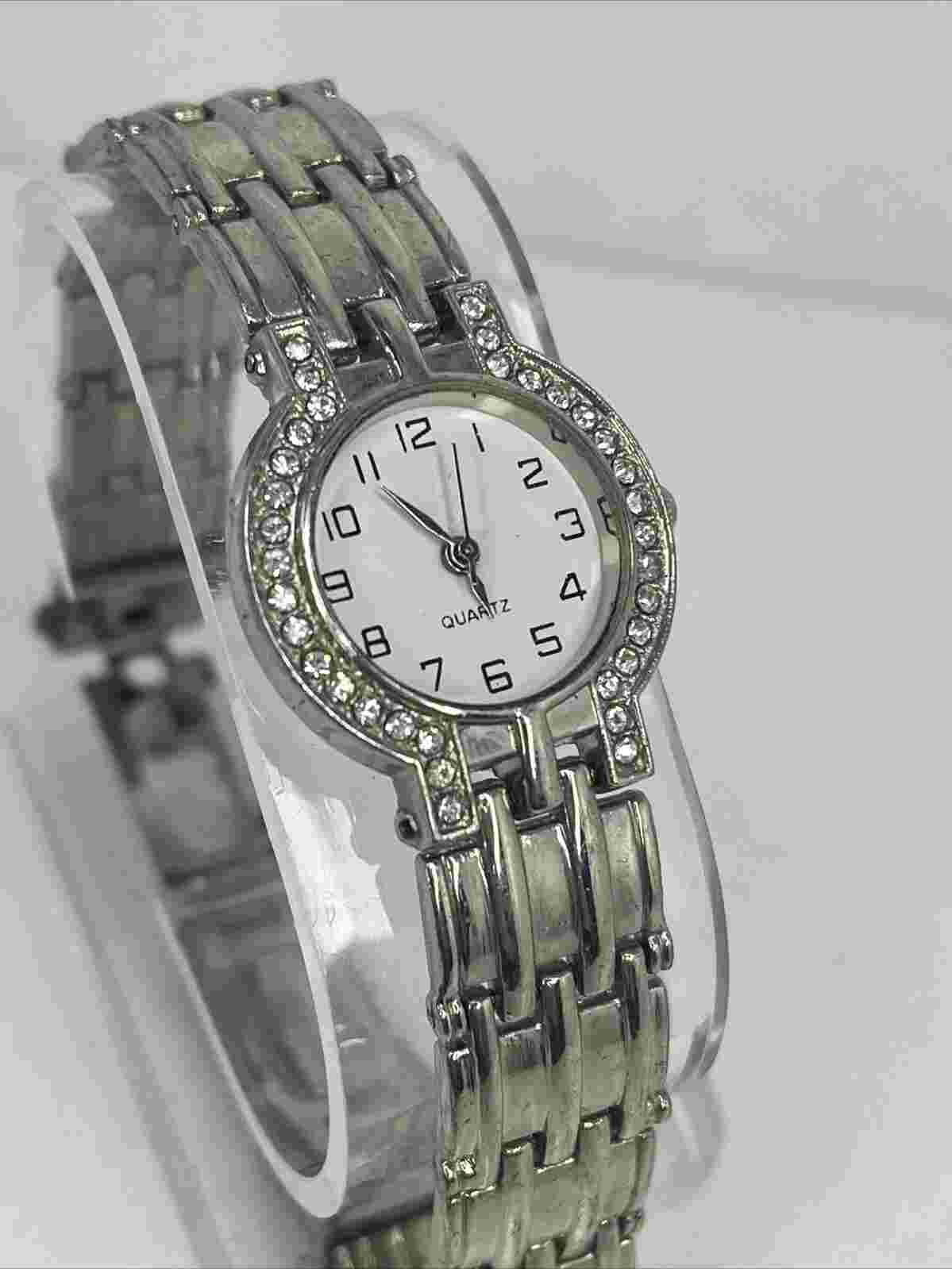 Haband Women's Quartz Watch Silver Tone Band Rhinestone Bezel- New Battery