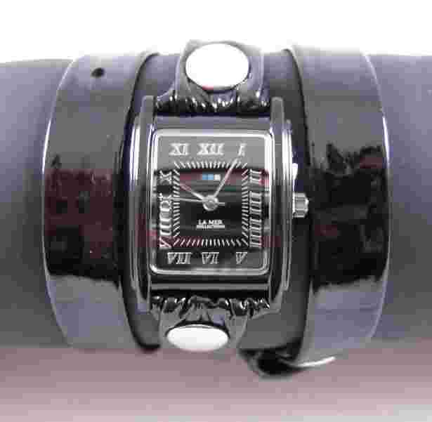 LA MER Watch Black Patent Simple Leather Wrap