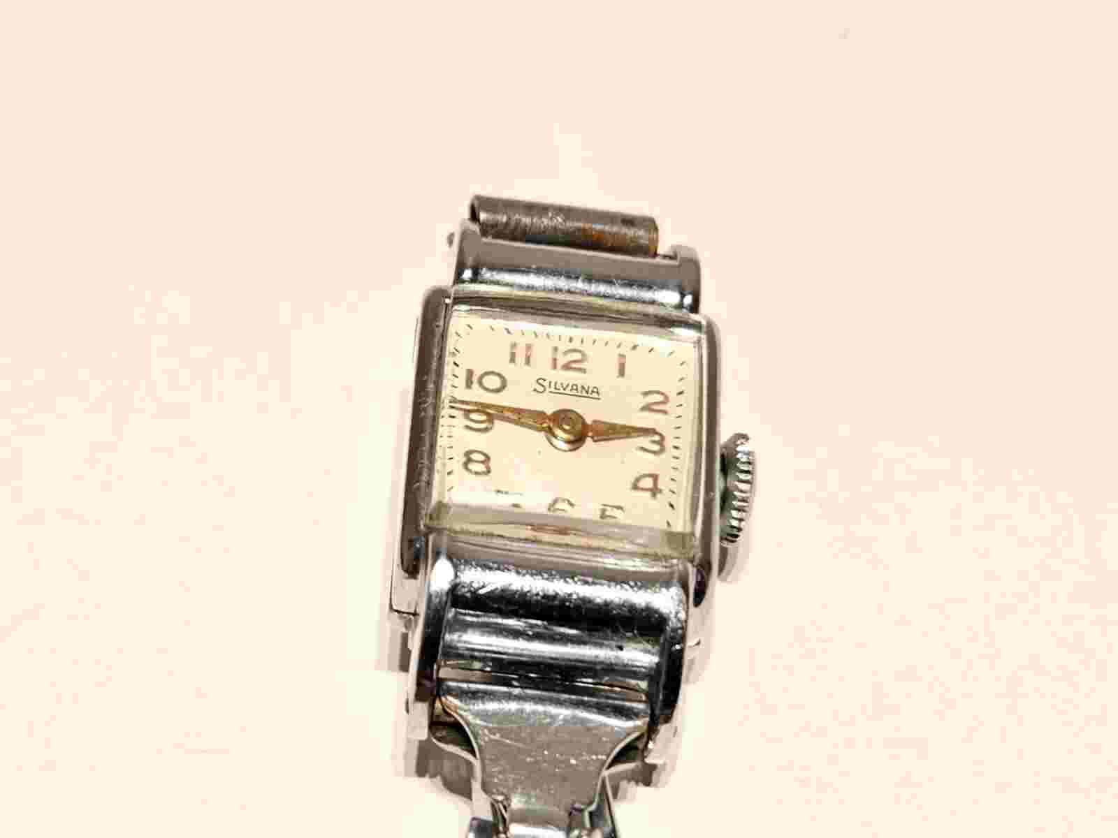 VINTAGE RARE WW2 ERA RECTANGLE CHROMED SWISS LADIES MECHANICAL WATCH "SILVANA"