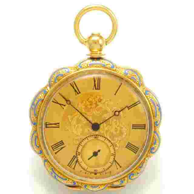 Rare Antique 18K Scalloped Edge Cherub Enameled Gold Dialed Lapel Watch