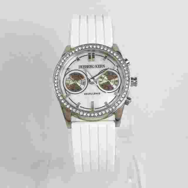 Dyrberg Kern Silver White Silicone Band Diamonds Quartz Women's Wrist Watch