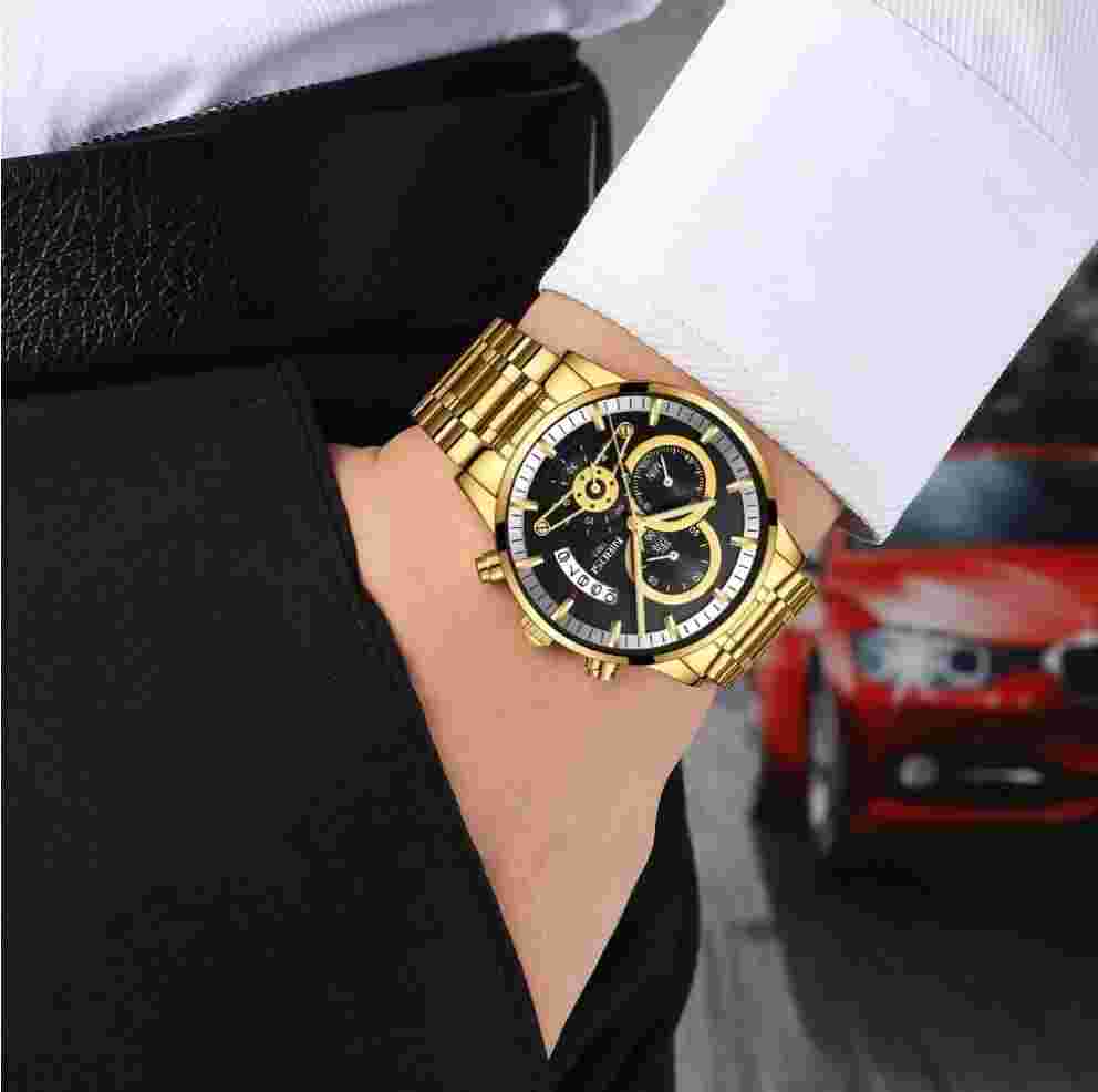 NIBOSI Men's Gold/Black Color Watch Chronograph Waterproof 30M Full Steel Quartz