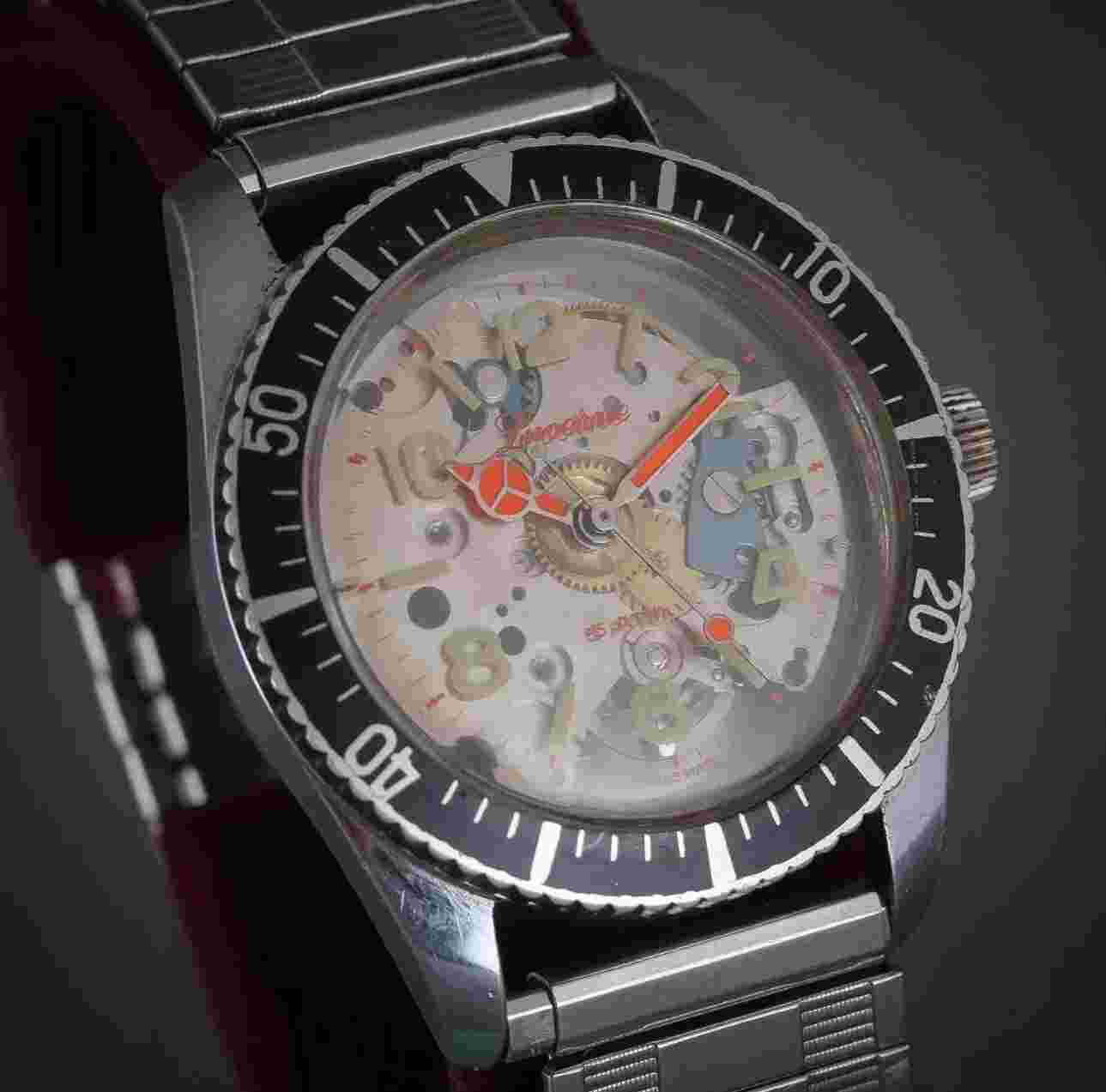 🇨🇭1970's Vintage Mens Lucerne 5 ATM Divers Skeleton Watch Skindiver Swiss 38mm