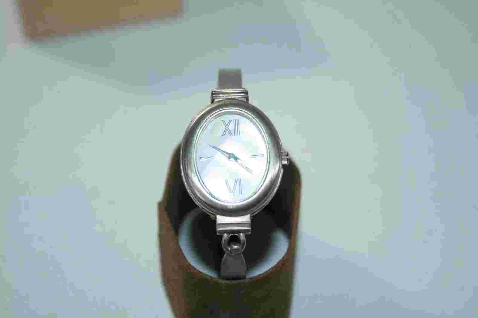 Vintage J Jill Ladies Silver MOP Dial Oval Cuff Bangle Analog Quartz Watch W Box