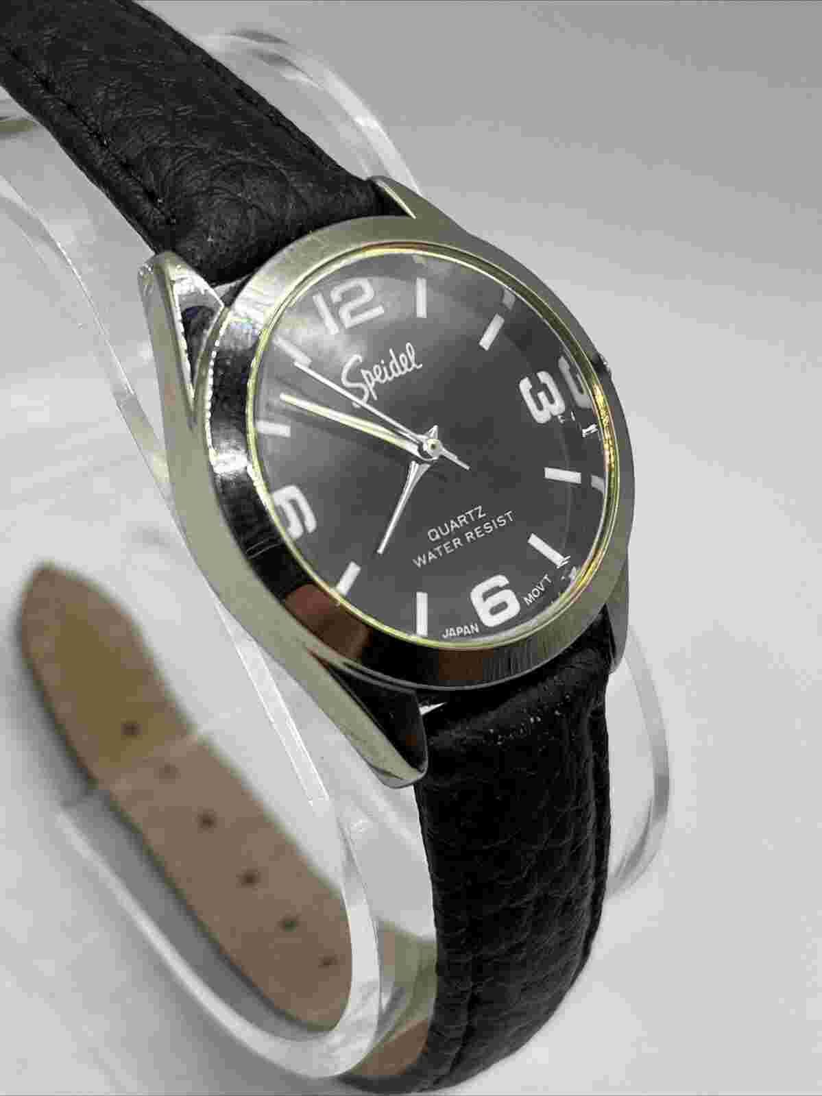 Speidel Women's Quartz Watch Black Leather Band Silver 28mm Case- New Battery