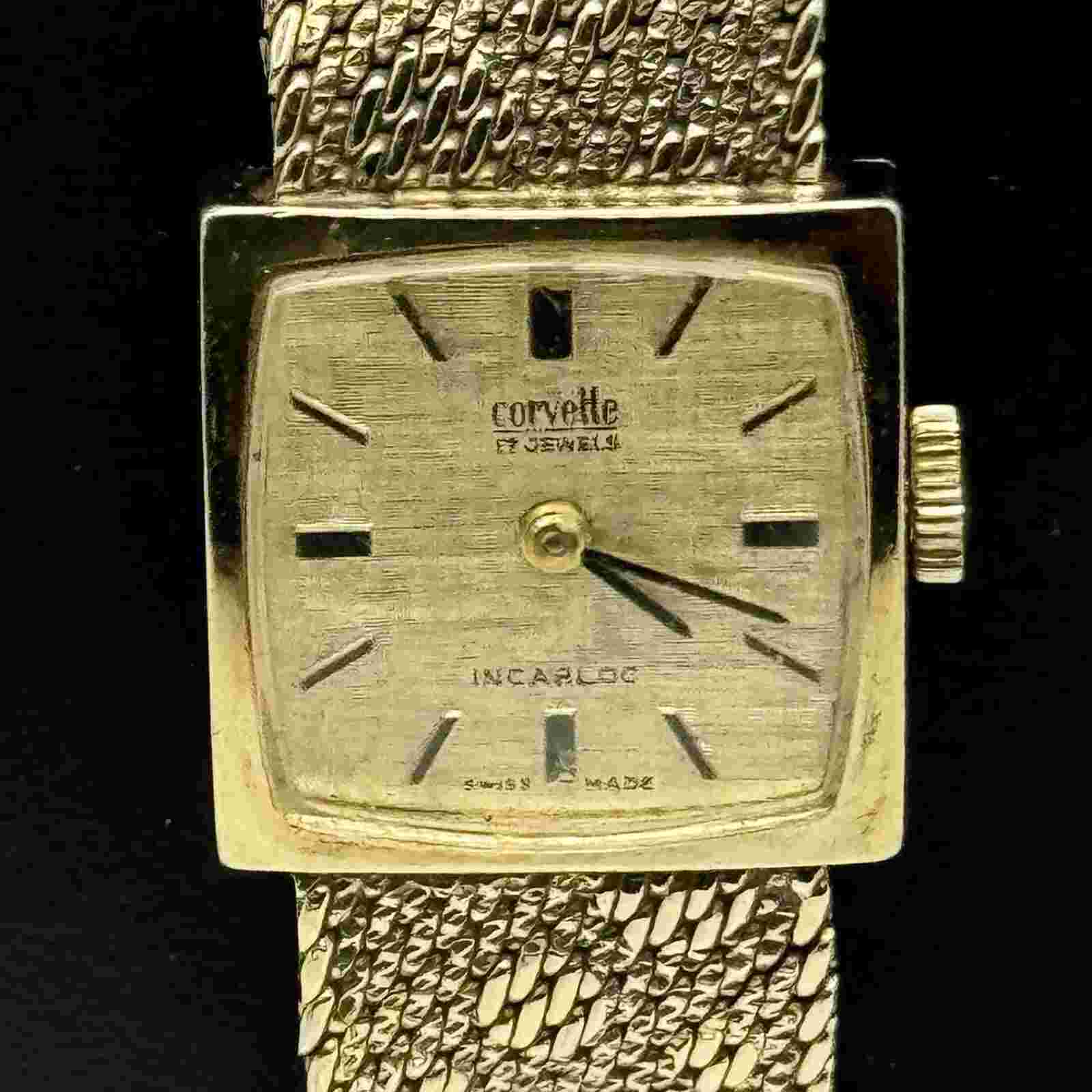 17.4mm WORKING Vintage Corvette Gold Tone Patterned Milanese Strap Wristwatch