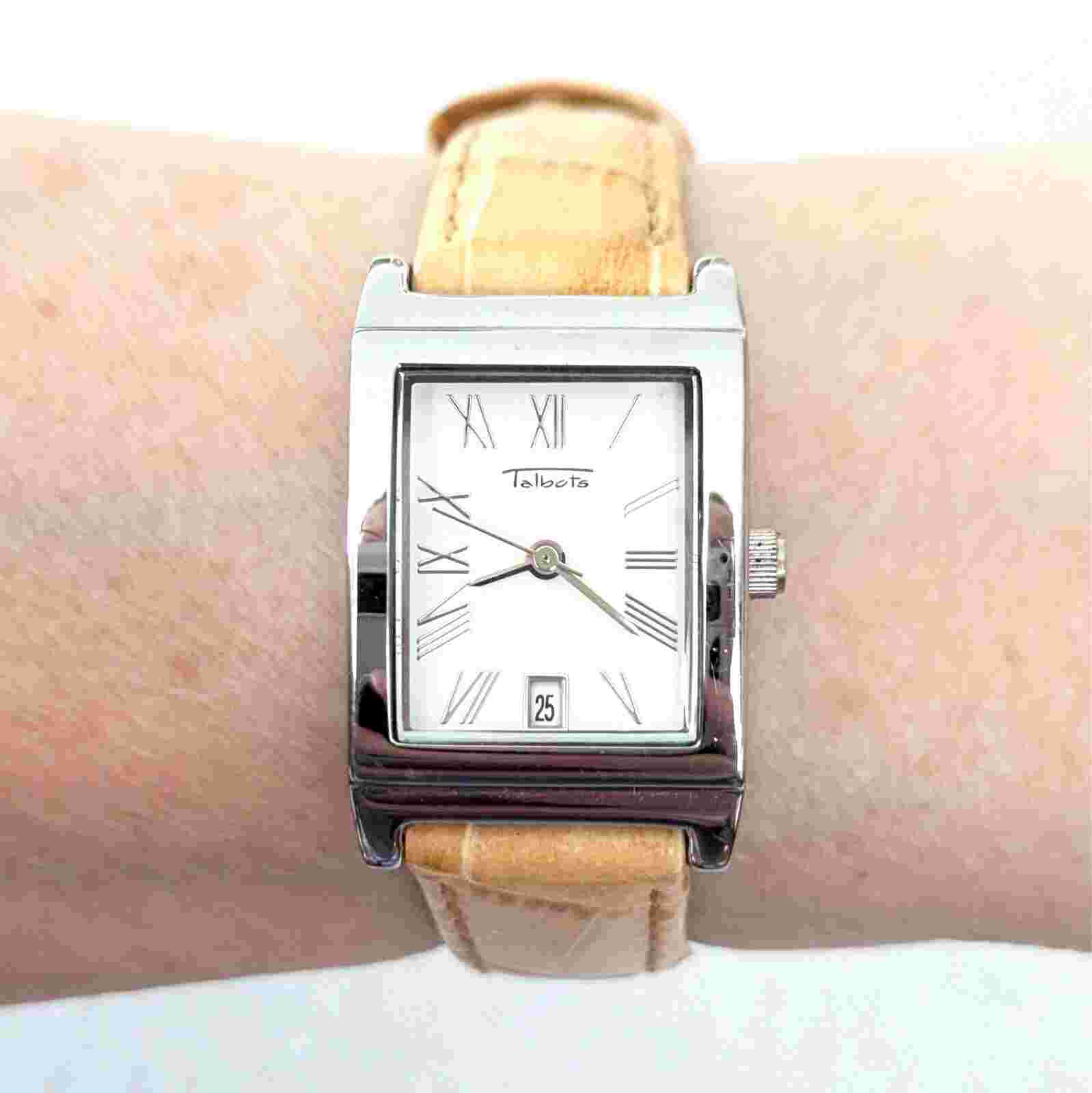 Talbots Square Face Tan Embossed Leather Watch Needs Battery 6" - 7.5"