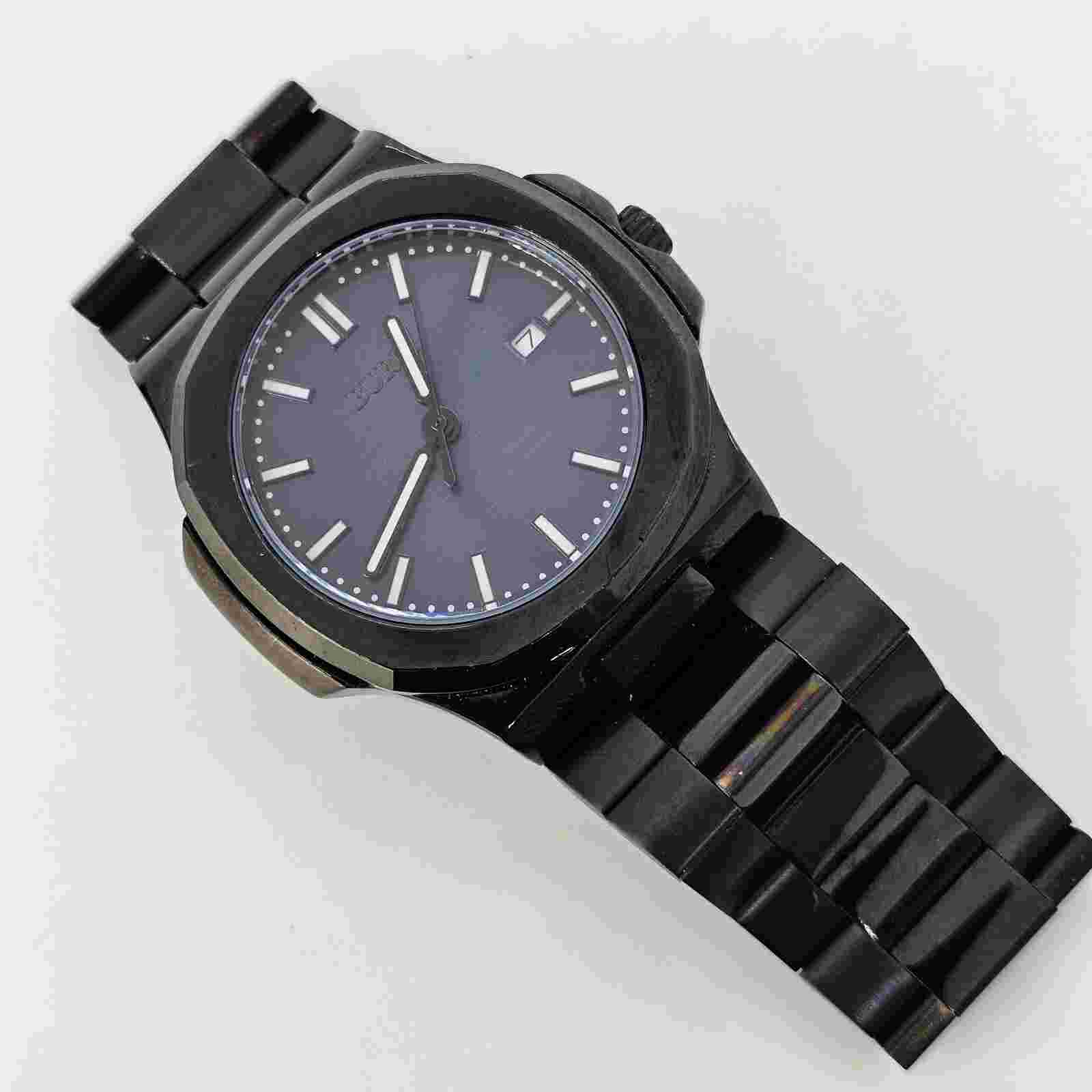 Men's BUREI Watch 40MM Black Blue Dial Black Case Bracelet 6" Wrist New Battery