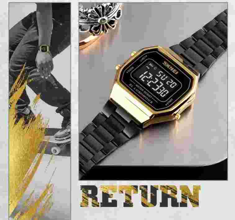 Mens Retro Classic Watch Black Gold Digital Stainless Steel Water Proof 30M