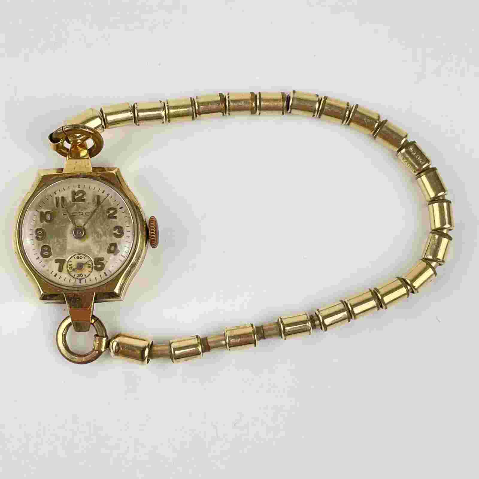 Vintage 9ct Yellow Gold Cased Ladies Pierce Wristwatch Gold Plated Strap Working