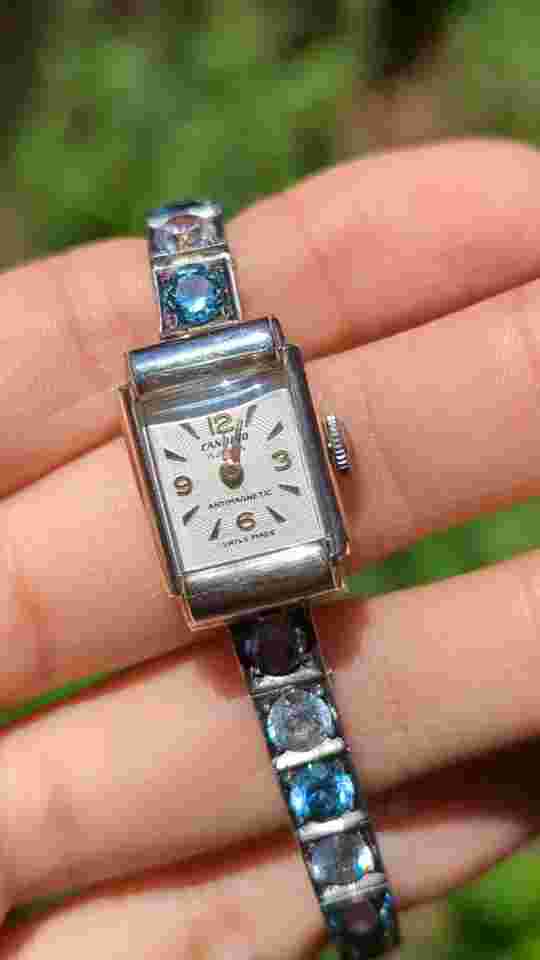 Vintage Art Deco Blue White Zircon Tennis Bracelet Wristwatch 9ct Gold & Silver