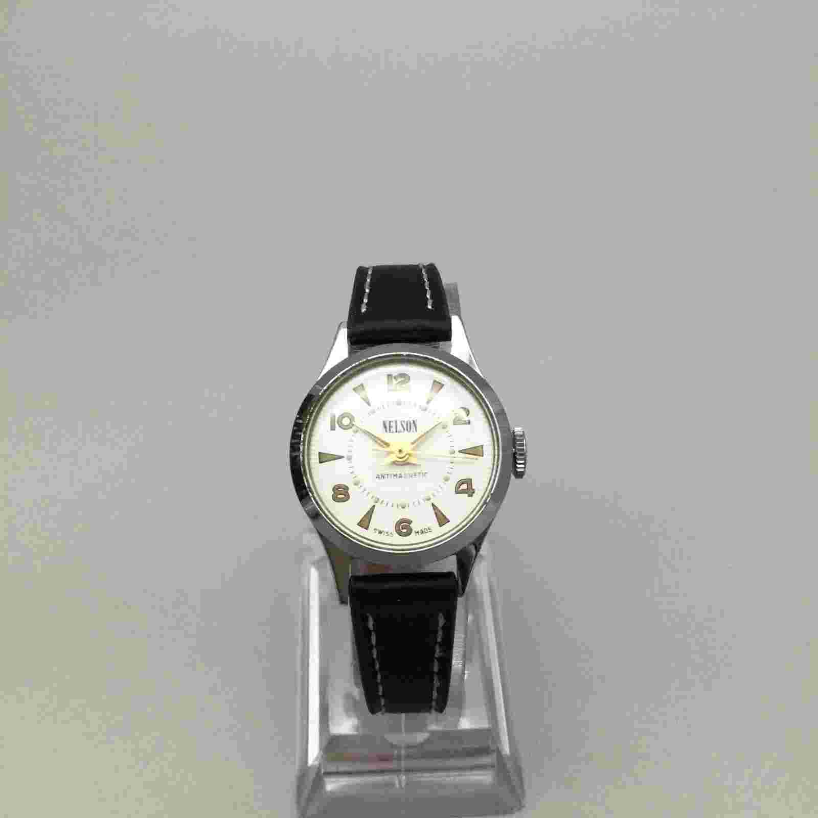 Vtg Nelson Watch Women 26mm Silver Tone Swiss Made Leather Band Manual Wind