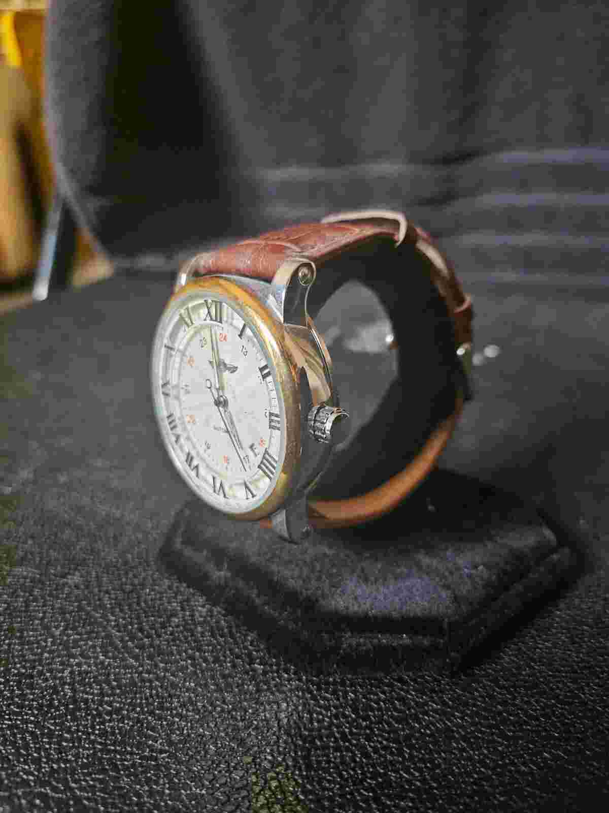 Mens Watch Automatic Brown Faux Leather Band Self Winding Roman Numberals Design