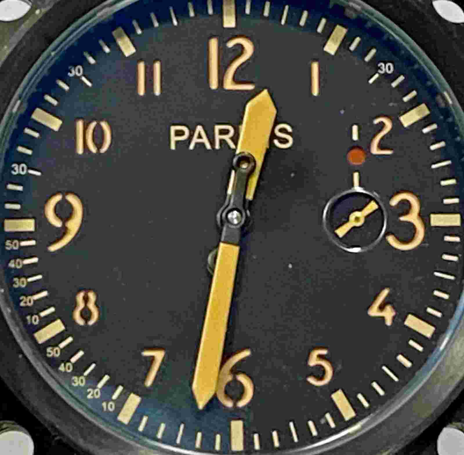 50mm Black Cushion | Crown @09H Mechanical PARNIS Black Leather Strap Mens Watch