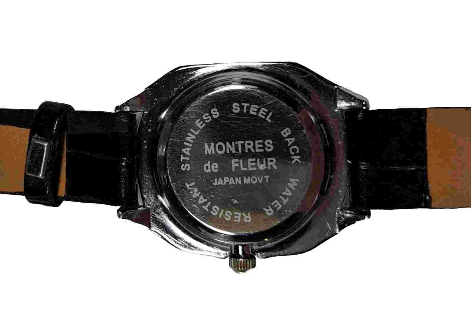 Montres de Fleur Women's Silvertone 8" Watch Black Band New Battery