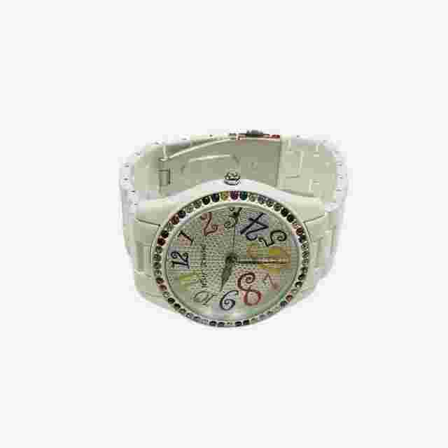 Betsey Johnson Rainbow Watch White Ceramic Colorful Crystals No Battery Untested