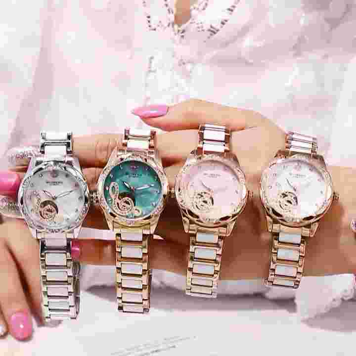 New Women Mechanical Wristwatches Hollow Crystal Petal Shape Automatic Watch