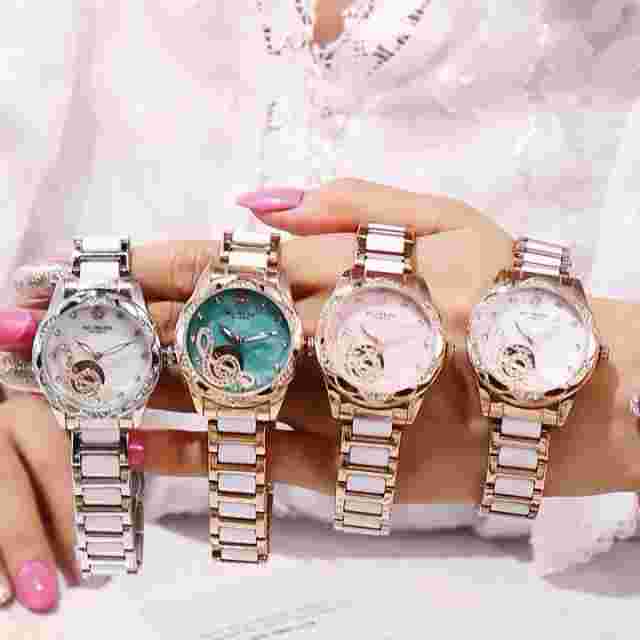 New Women Mechanical Wristwatches Hollow Crystal Petal Shape Automatic Watch