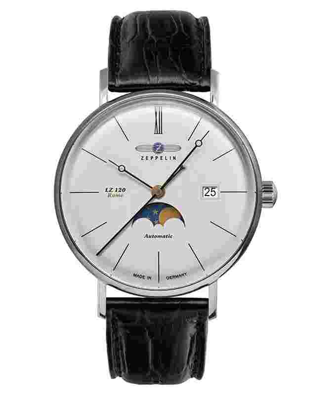 Zeppelin LZ120 Rome Swiss Automatic Watch 41mm 5ATM Moon Phase Silv Dial 7108-4