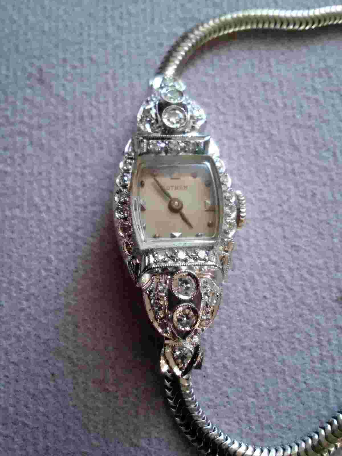 Vintage Gotham 14K White Gold & 26 Diamond art deco Ladies Watch Manual Wind