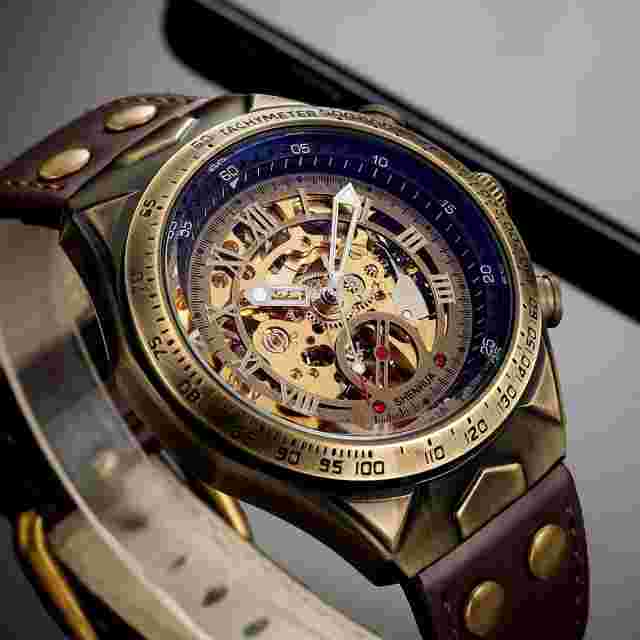 Men's Mechanical Watches Bronze Tone Leather Band Skeleton Automatic Wrist Watch