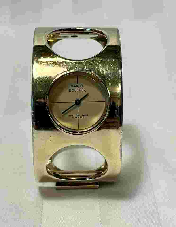 Vintage MCM Marcel Boucher Cutout Hinged Cuff Bracelet Manual Gold Watch