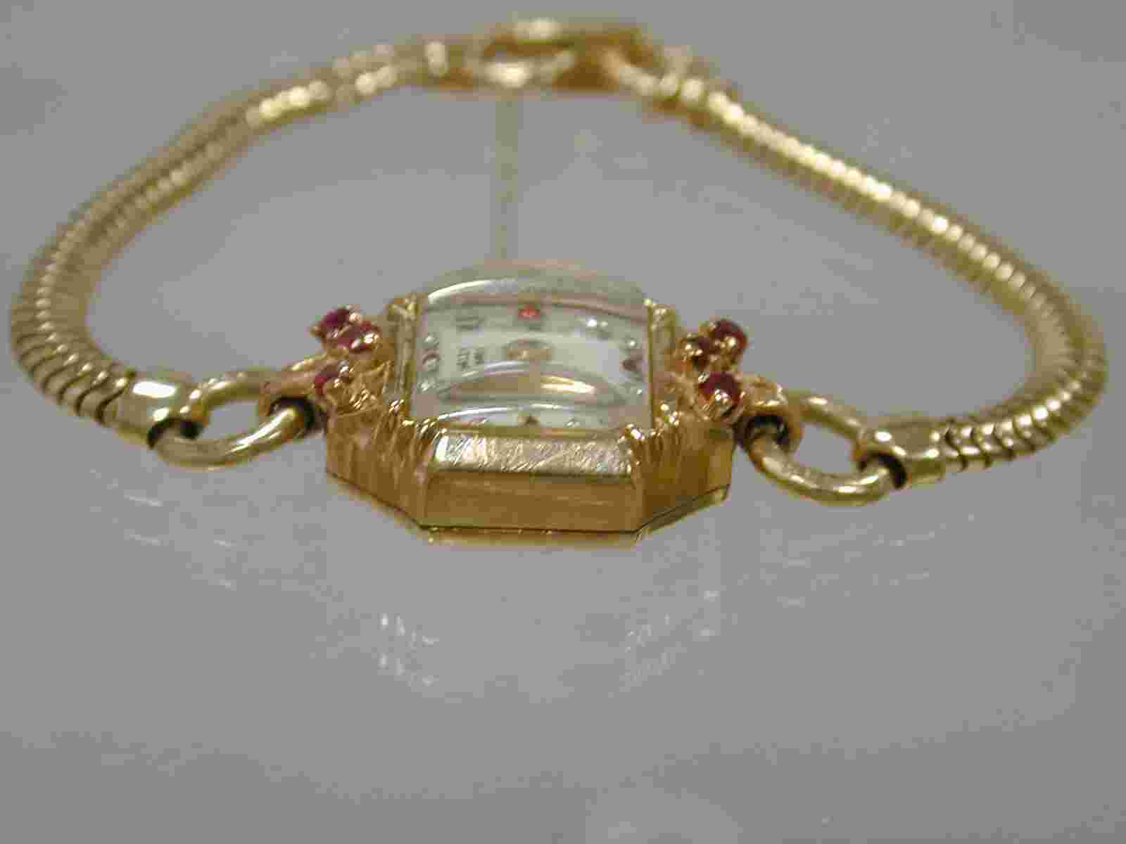 CHALET 1950s 14K Rose Gold Dress Watch Rubies Diamonds Snake Chain HAND-WOUND