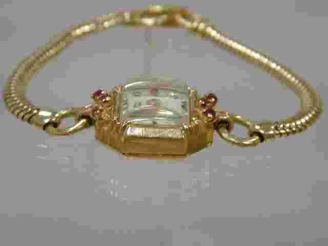 CHALET 1950s 14K Rose Gold Dress Watch Rubies Diamonds Snake Chain HAND-WOUND
