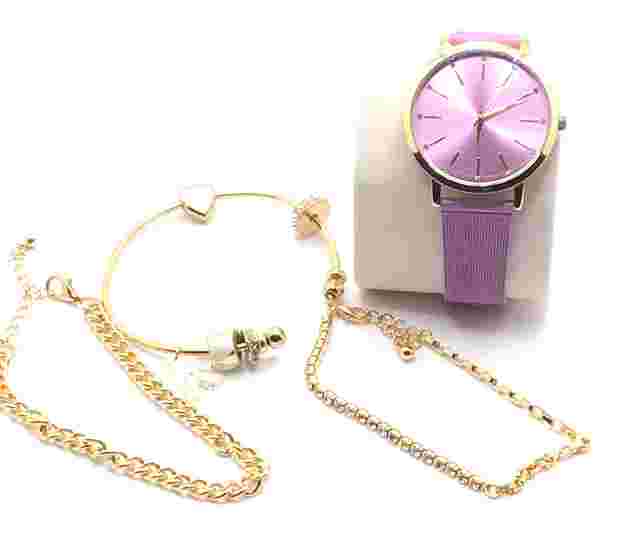 INC International Concepts Watch Set- Gold/Purple Mesh Band 2 Gold Tone Bracelet