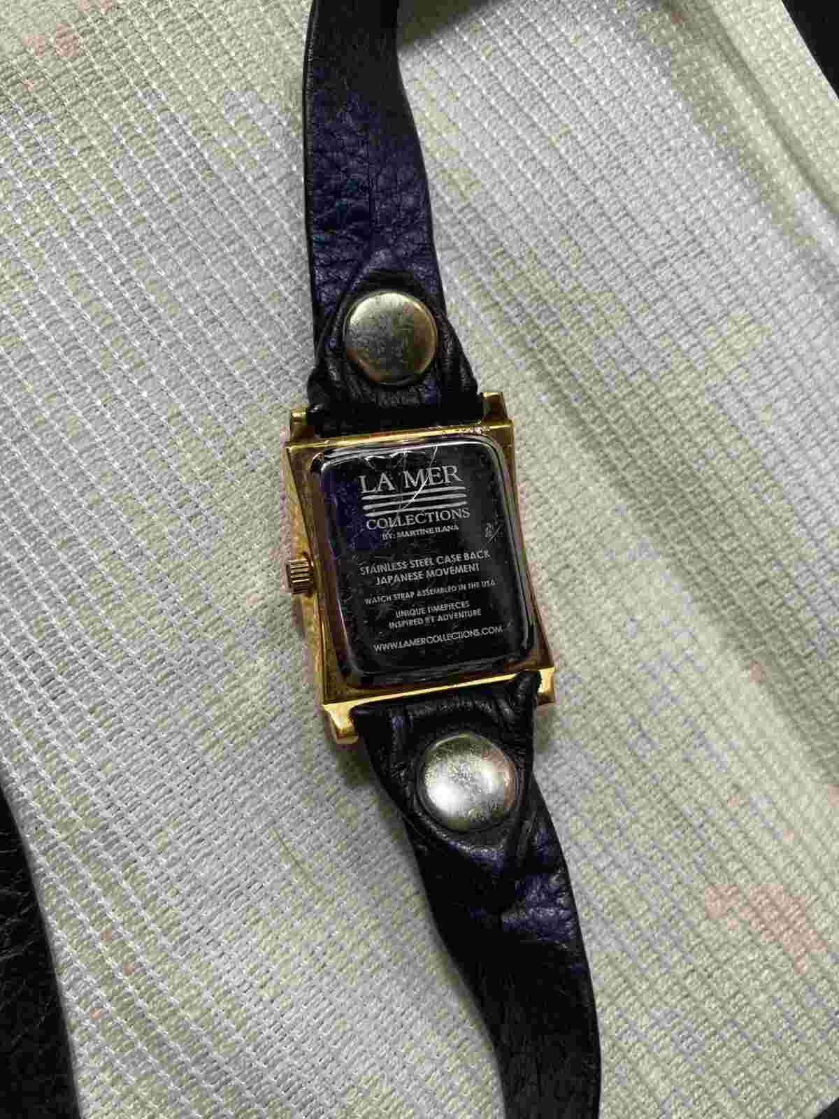 Ladies La Mer Collections by Martine Ilana  Gold Tone Black Leather Watch J3