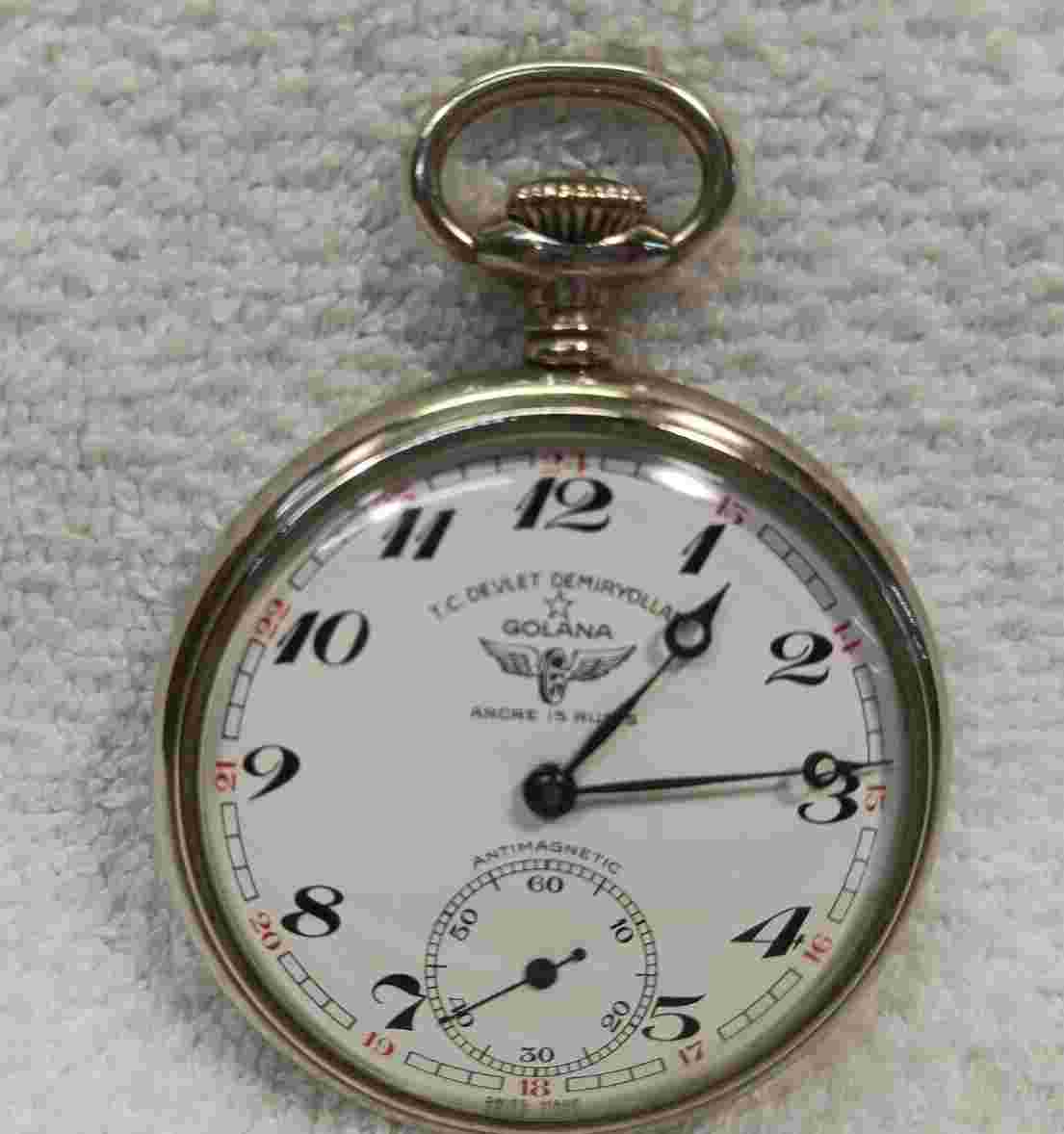 VINTAGE GOLANA RAILROAD POCKET WATCH - SWISS - 15 JEWELS